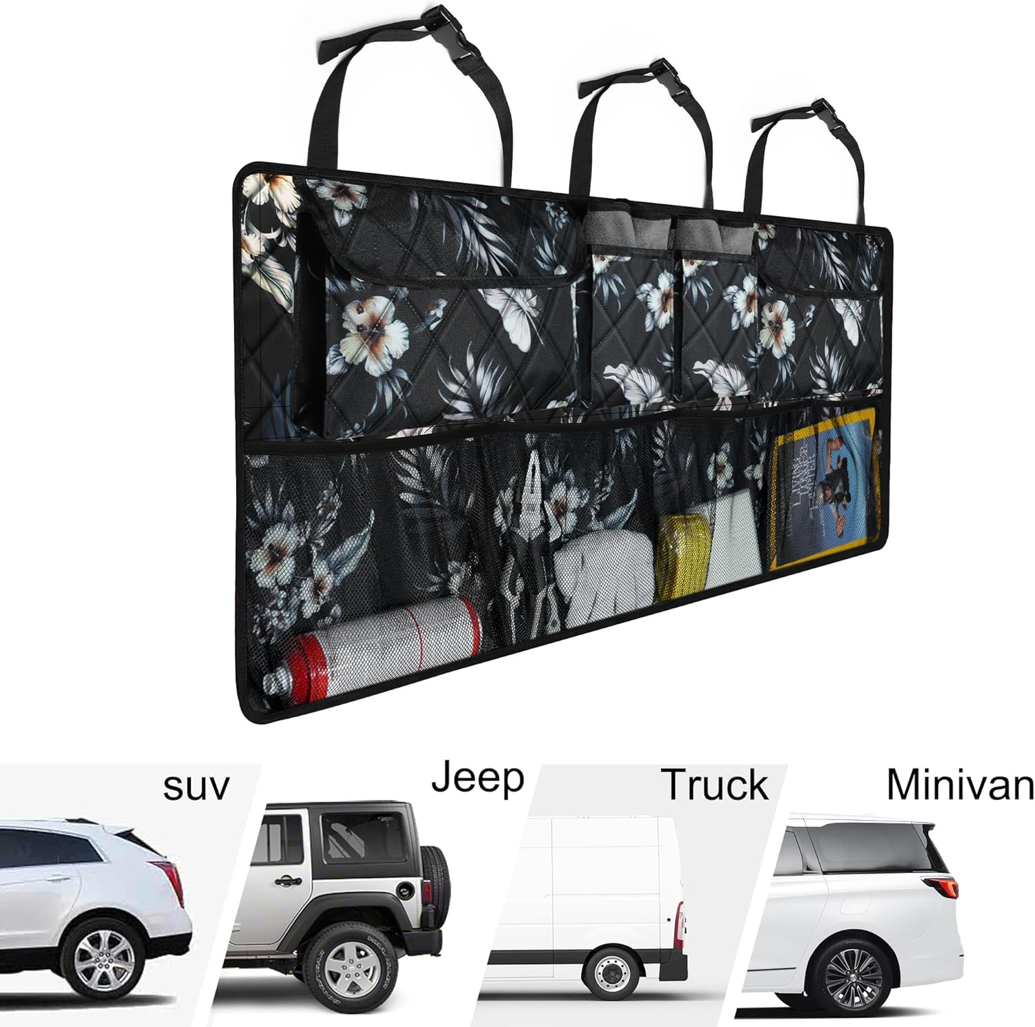 Femuar Car Trunk Organizer, Large Capacity Backseat Trunk Organizer (42"*18"), Collapsible Car Storage Bag with 8 Pockets - Hibiscus