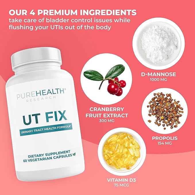 PUREHEALTH RESEARCH UTIFIX D Mannose with Cranberry Long-Term Supplement - D-Mannose for UTI 1000mg Capsules + 300mg Cranberry Extract + Propolis for Urinary Tract Health for Women and Men, 60 Count