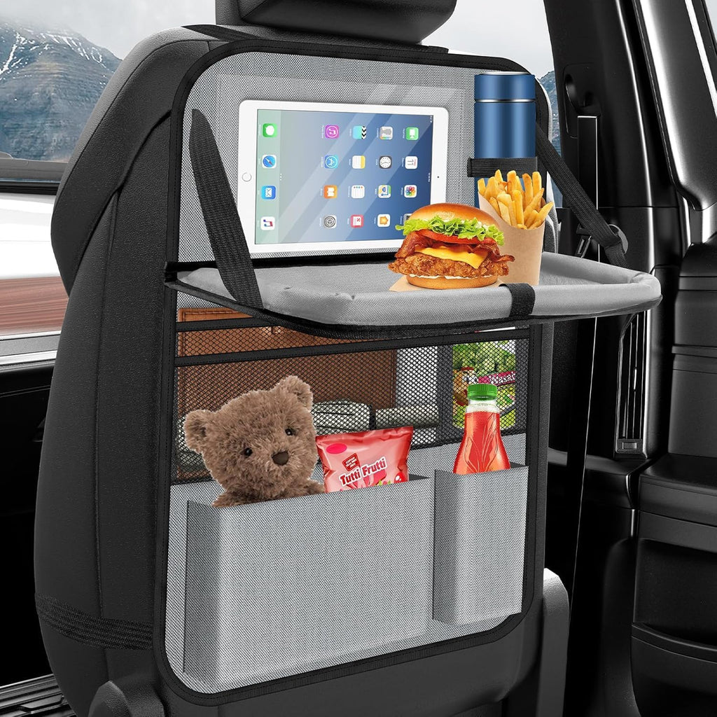 Car Backseat Organizer with table Tray, 9 Storage Pockets Backseat Car Organizer with Tablet Holder, Back seat Organizer for Kids Road Trip Essentials Travel (1Pack)