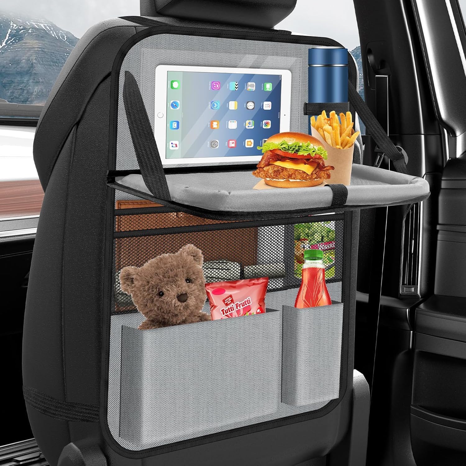 Car Backseat Organizer with table Tray, 9 Storage Pockets Backseat Car Organizer with Tablet Holder, Back seat Organizer for Kids Road Trip Essentials Travel (1Pack)