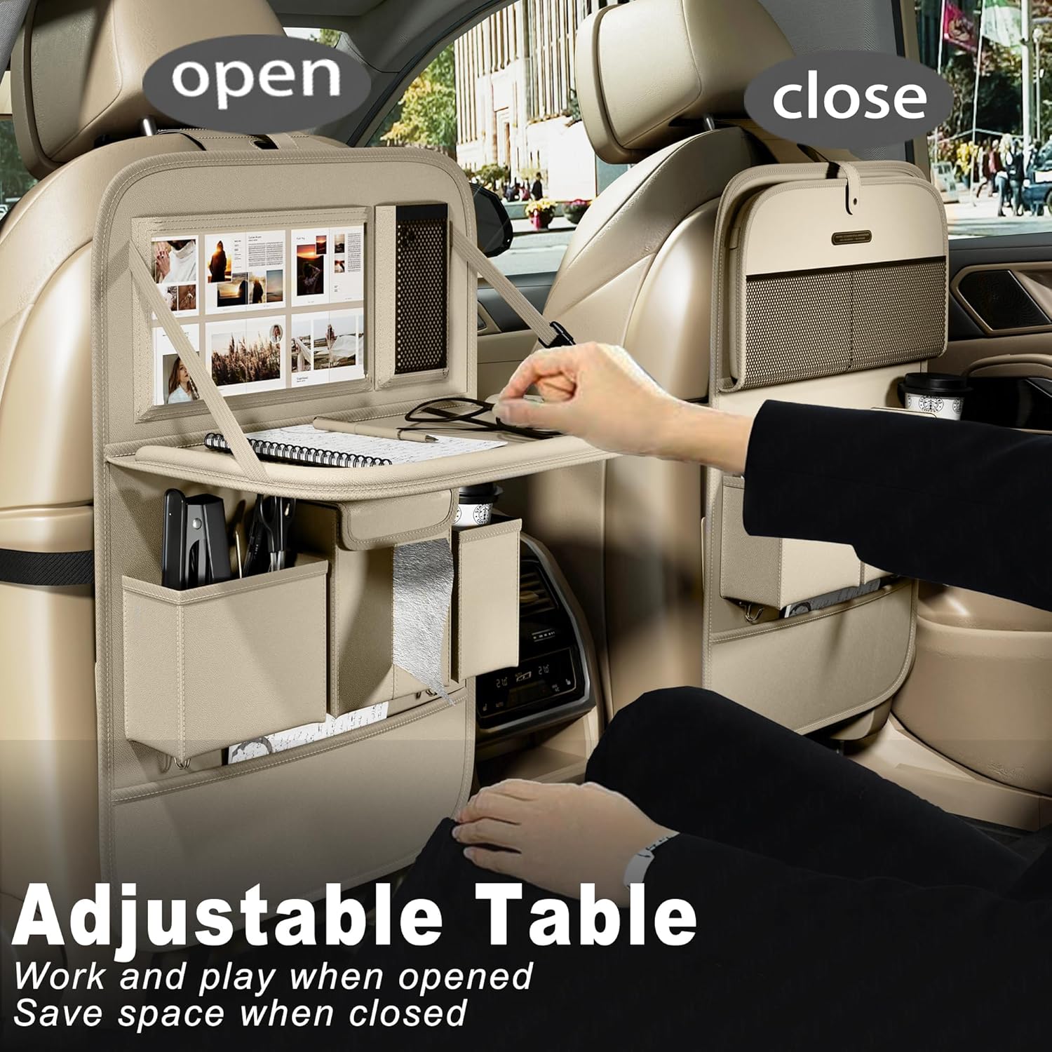 Car Seat Organizers,Multi-functional Back Seat Protectors, Storage Pouches, and Tray Holders (for Cars, Kids, Seat Back and Rear Seats) (Plain Beige, 1 Pcs)