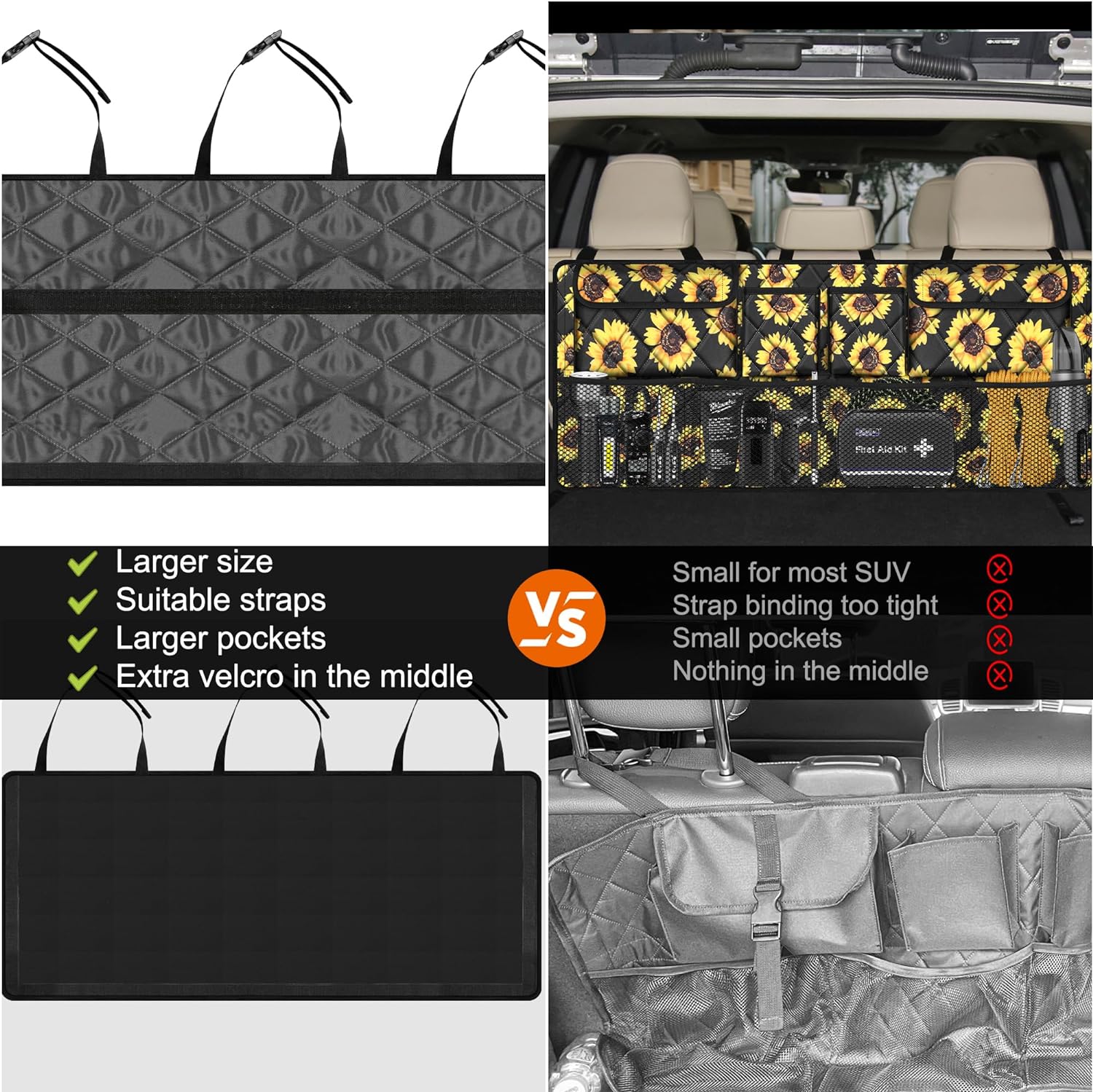 Femuar Car Trunk Organizer,Large Capacity Backseat Organizer(42 in*18 in),Collapsible Storage Bag with 8 Pocekt,Car Organizer for SUV/MPV/Truck - Sunflower TLAG-0114