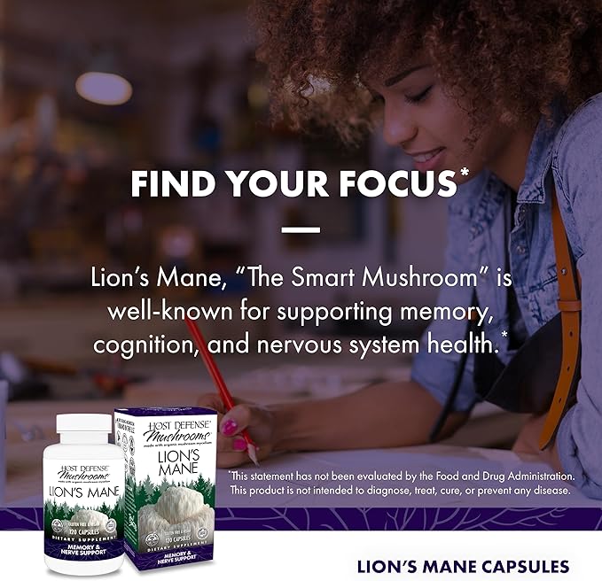 Host Defense Mushrooms Lion's Mane - Supplement Capsules for Brain Health Support - Mushroom Support for Focus & Memory Function - Immune & Nervous System Supplement - 120 Capsules (60 Servings)*