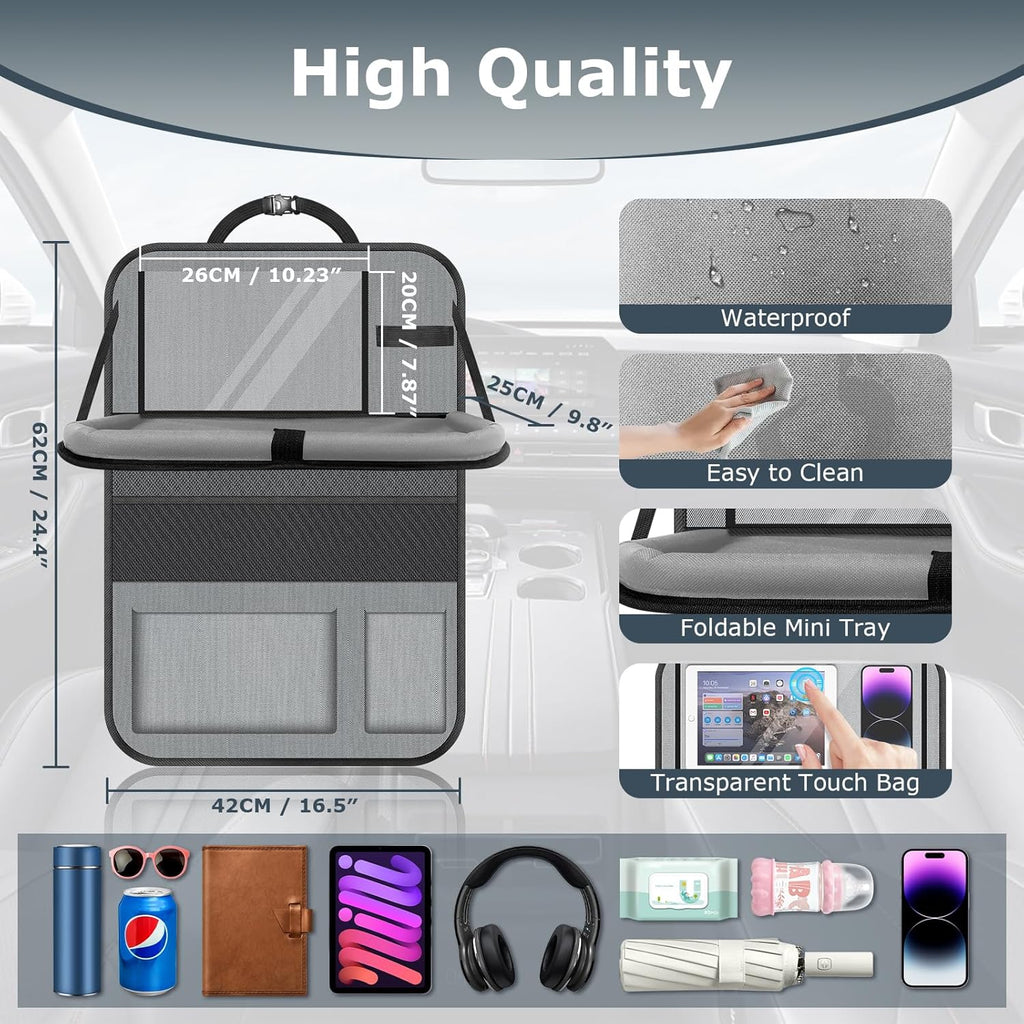 Car Backseat Organizer with table Tray, 9 Storage Pockets Backseat Car Organizer with Tablet Holder, Back seat Organizer for Kids Road Trip Essentials Travel (1Pack)