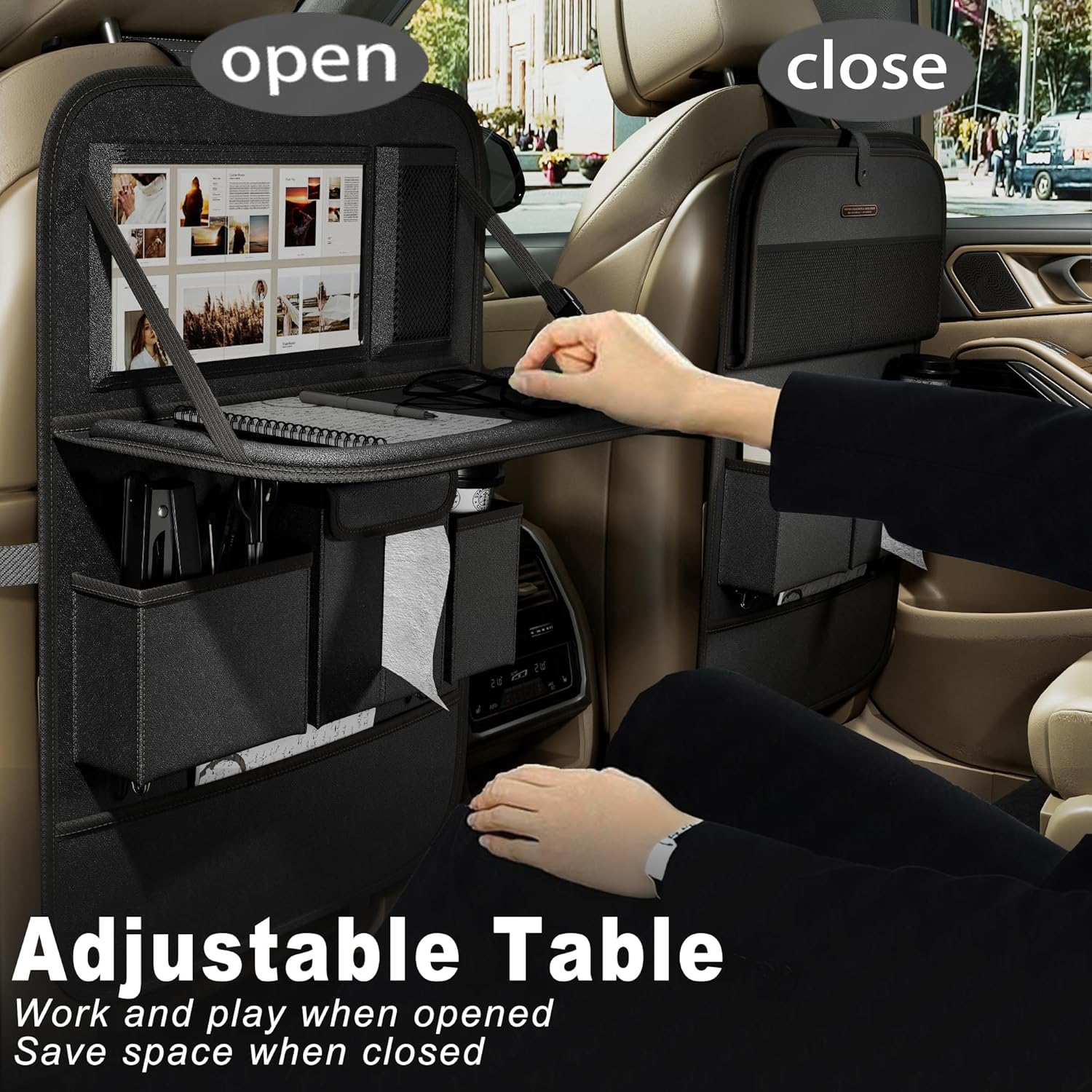 Car Seat Organizers,Multi-functional Back Seat Protectors, Storage Pouches, and Tray Holders (for Cars, Kids, Seat Back and Rear Seats) (Plain Black, 2 Pcs)