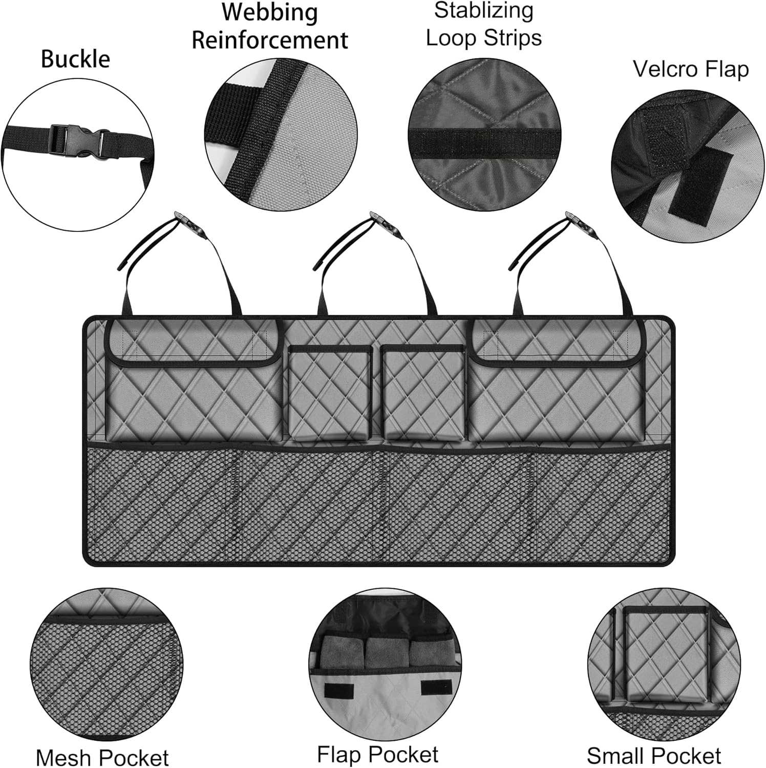 Femuar Car Trunk Organizer, Large Capacity Backseat Trunk Organizer (42"*18"), Collapsible Car Storage Bag with 8 Pockets, SUV/MPV/Truck - Grey