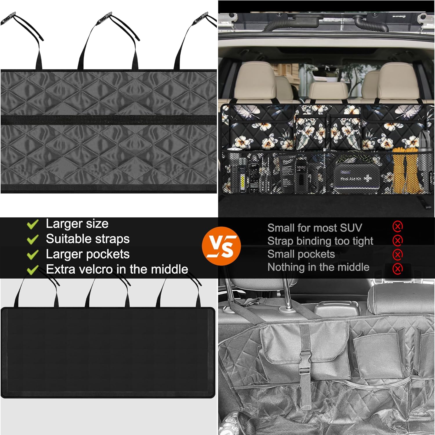 Femuar Car Trunk Organizer, Large Capacity Backseat Trunk Organizer (42"*18"), Collapsible Car Storage Bag with 8 Pockets - Hibiscus