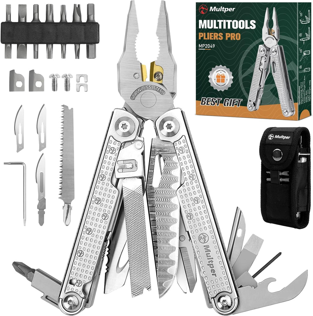 Multitools Pliers Pro, Upgraded Multi Tool With Damascus Knife, Replaceable Wire Cutters and Screwdirver Set, Foldable Multitools with Scissors, Screwdriver, Ideal for Camping,Survival, Repair