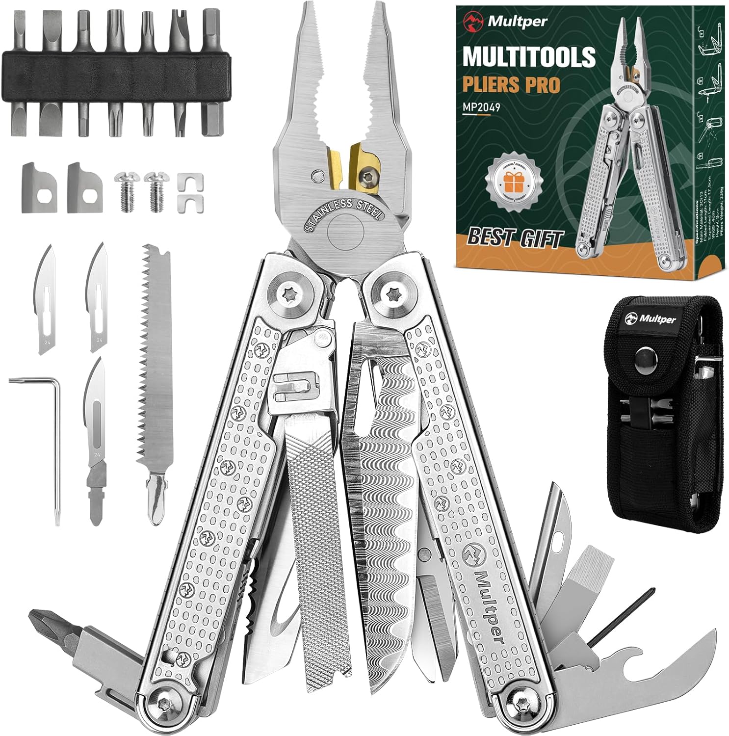 Multitools Pliers Pro, Upgraded Multi Tool With Damascus Knife, Replaceable Wire Cutters and Screwdirver Set, Foldable Multitools with Scissors, Screwdriver, Ideal for Camping,Survival, Repair