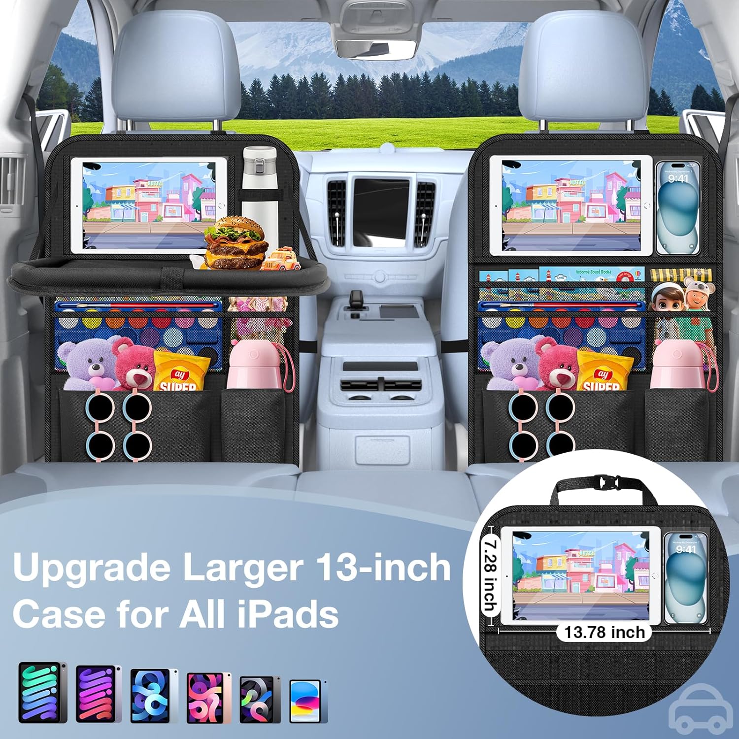 Car Backseat Organizer with Table Tray(2-Pack) 9 Storage Pockets Backseat Car Organizer and storage with Tablet Holder, Kick Mats Back Seat Cover for Kids family Road Trip Essentials Travel