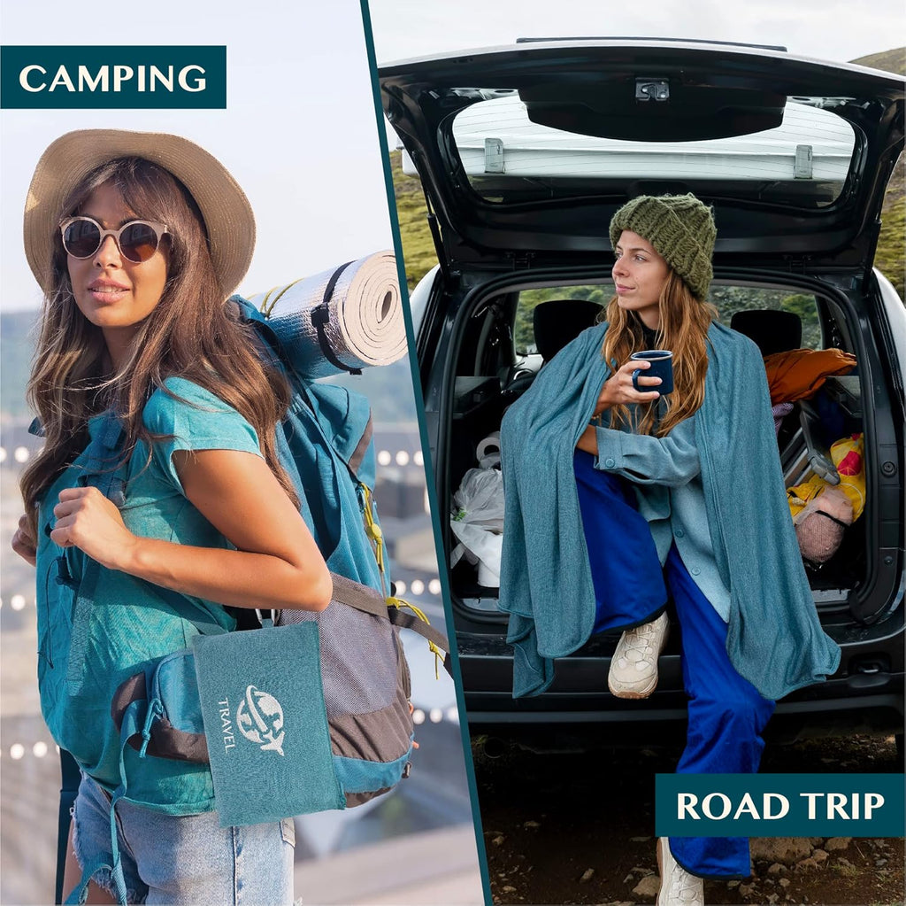 PAVILIA Travel Blanket Airplane Compact with Bag, Small Travel Pillow Blanket Long Flights, Lightweight Plane Blanket with Luggage Strap, Camping Blanket for Traveler Essentials, Teal Blue, 65x40