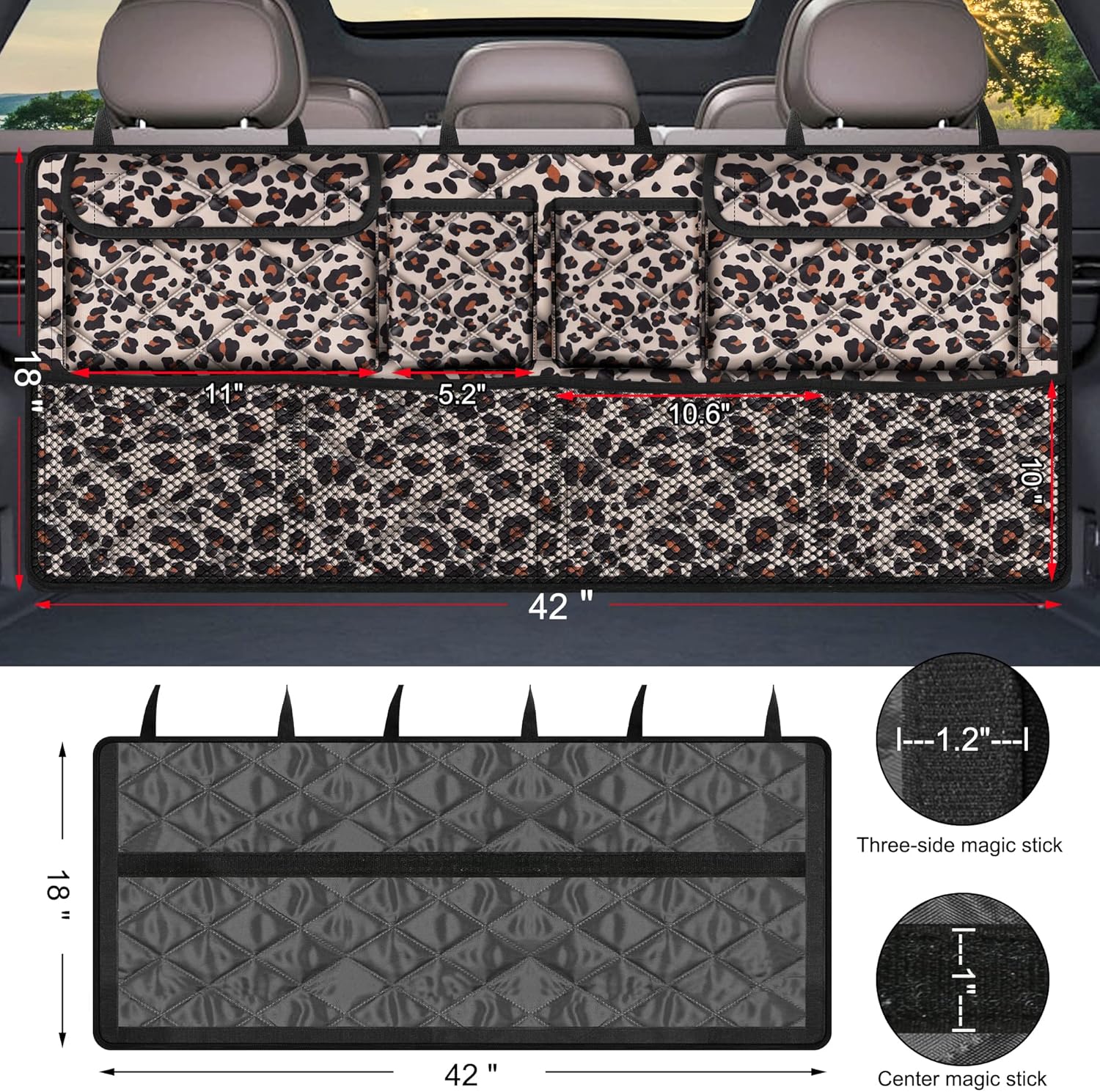 Car Trunk Organizer,Large Capacity Backseat Trunk Organizer(42"*18"),Collapsible Car Storage Bag with 8 Pocekt,Car Organizer for SUV/MPV/Truck - Leopard print
