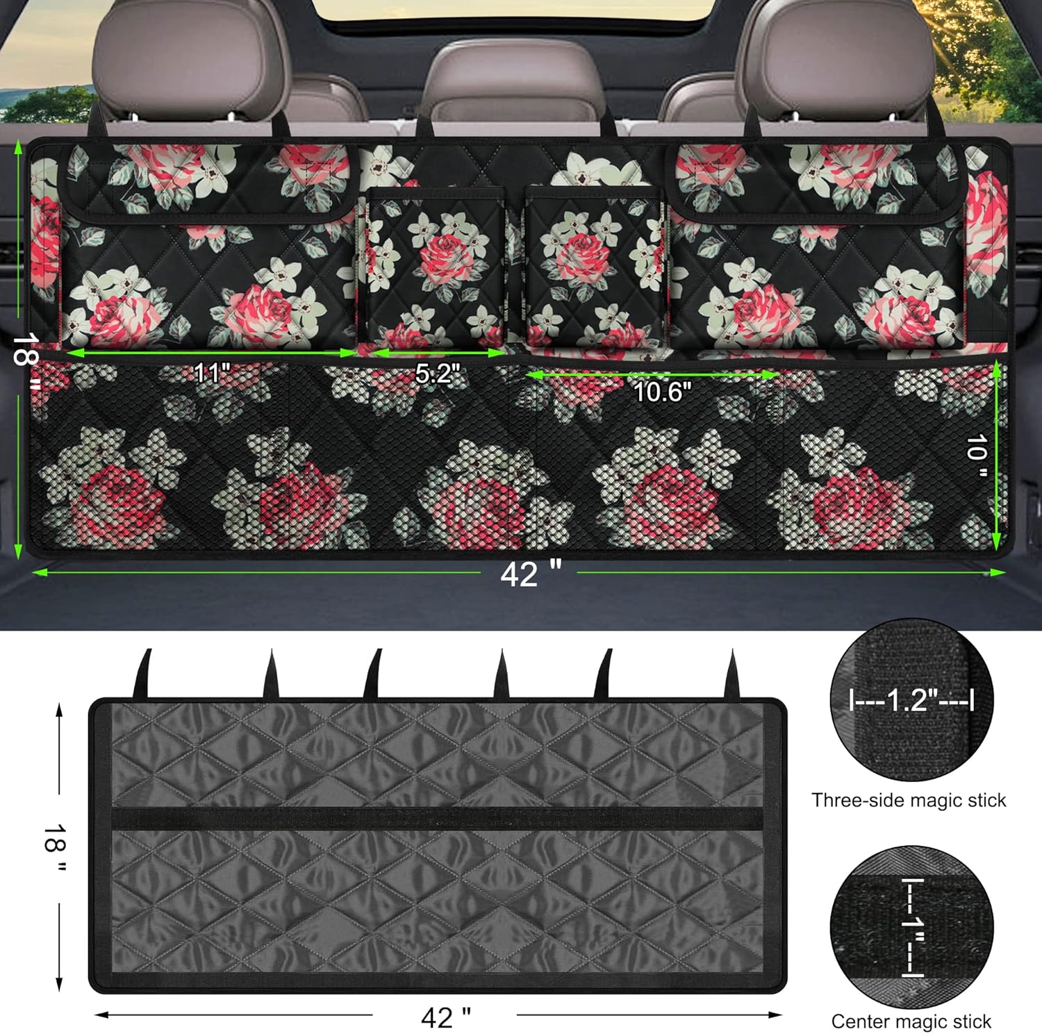 Car Trunk Organizer,Large Capacity Backseat Trunk Organizer(42"*18"),Collapsible Car Storage Bag with 8 Pocekt,Car Organizer for SUV/MPV/Truck - Floral