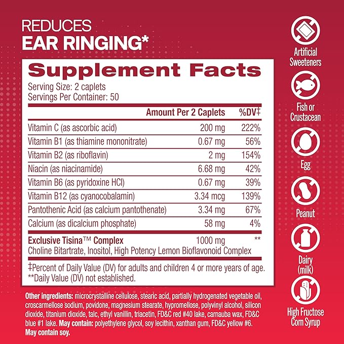 Lipo-Flavonoid Plus Tinnitus Relief - Doctor-Recommended for Ringing Ears - Clinically-Proven Lemon Bioflavonoid Complex with Vitamins C, B1, B2, B6, B12, & Calcium - 100 Caplets