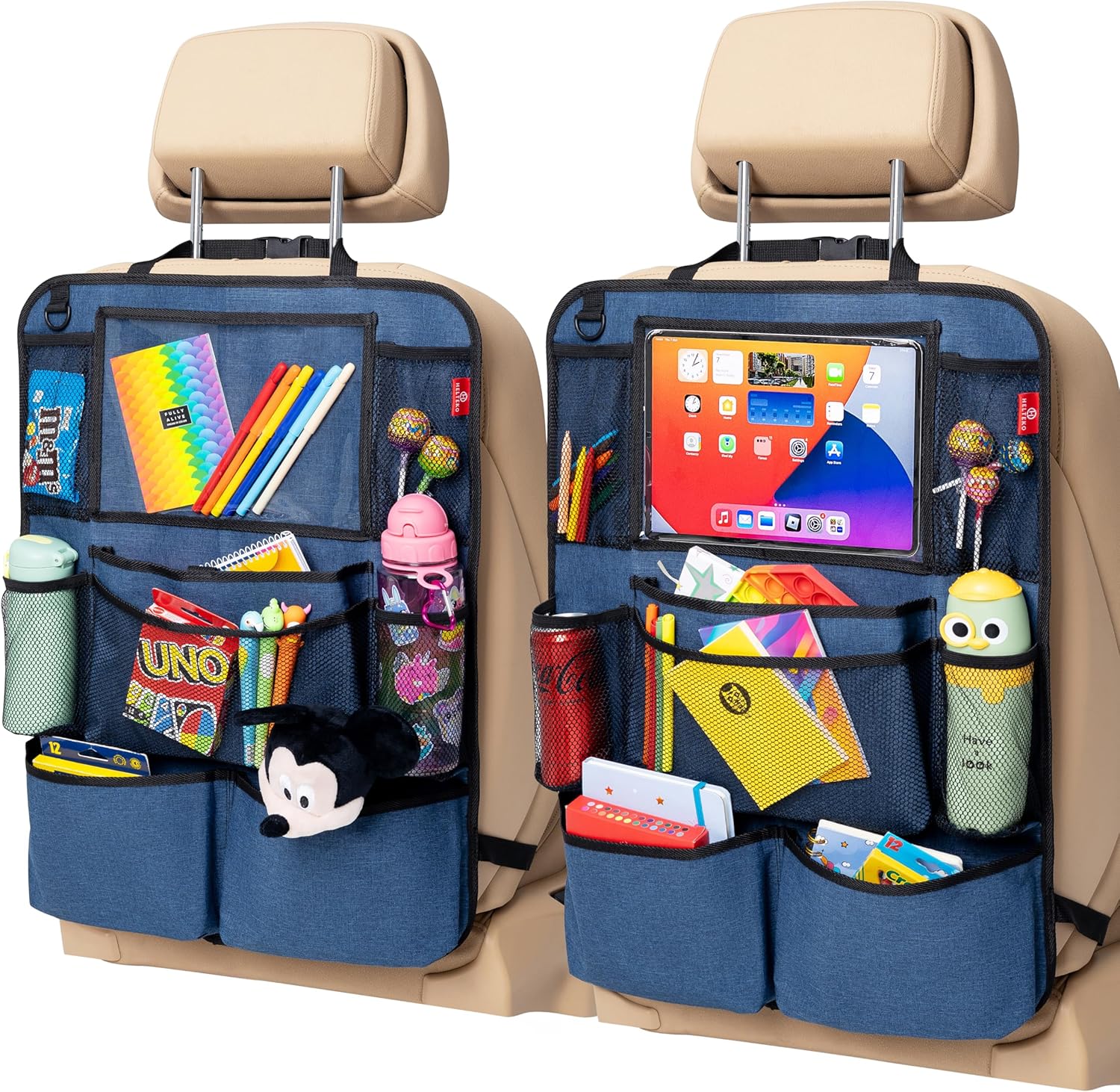 Helteko Backseat Car Organizer, Kick Mats Back Seat Protector with Touch Screen Tablet Holder, Back Seat Organizer for Kids with 9 Storage Pockets, Travel Accessories (2 Pack, Ocean Blue)