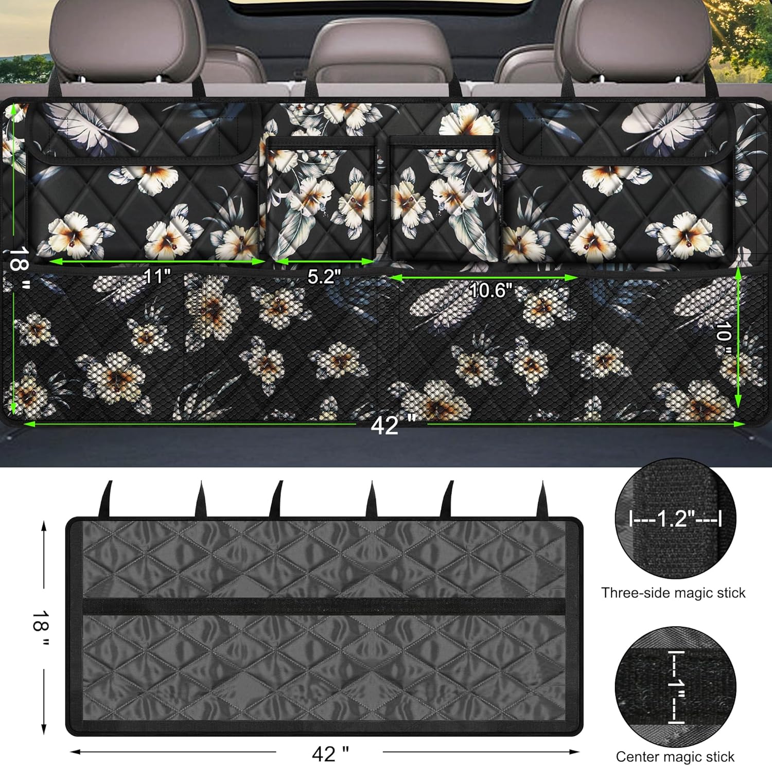Femuar Car Trunk Organizer, Large Capacity Backseat Trunk Organizer (42"*18"), Collapsible Car Storage Bag with 8 Pockets - Hibiscus