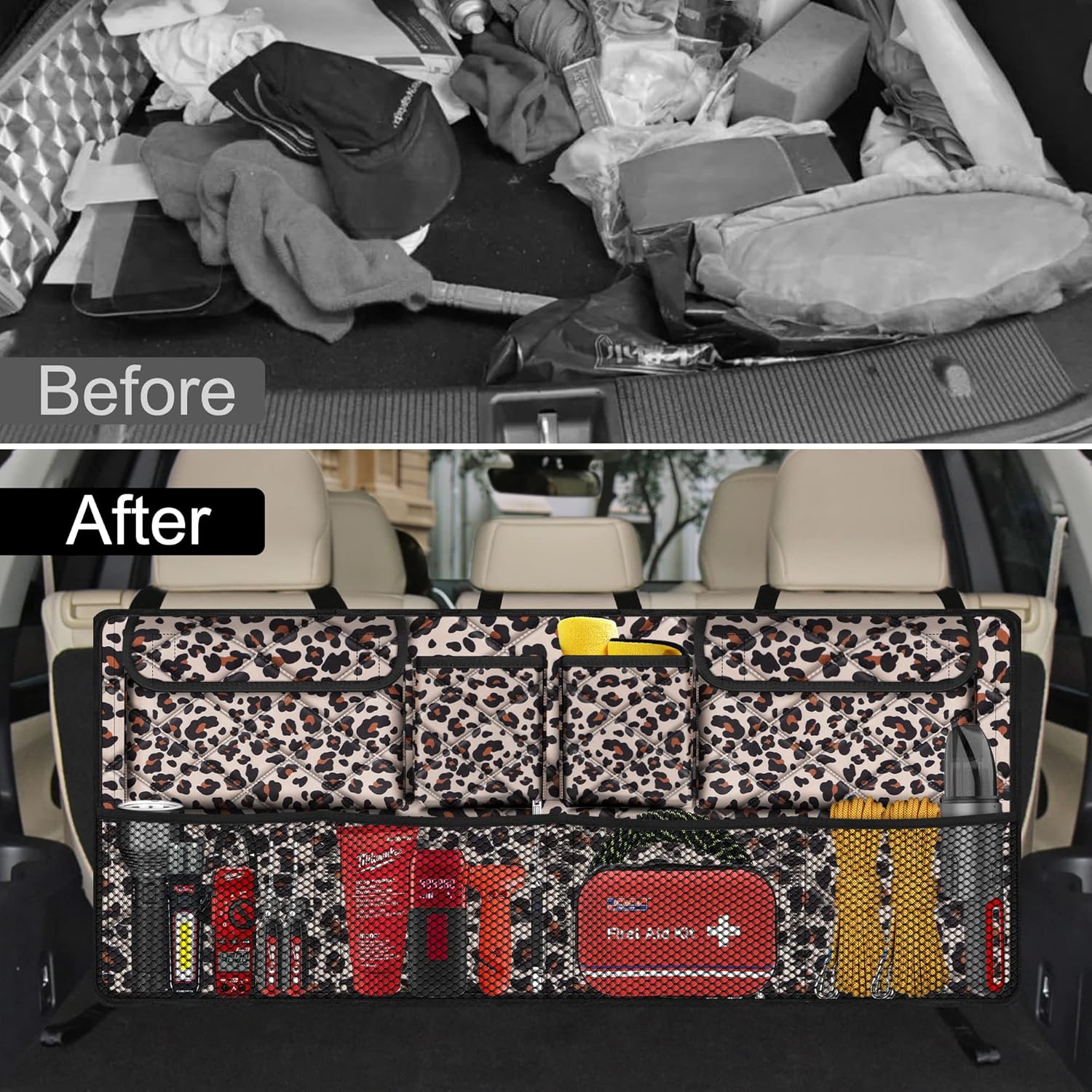 Car Trunk Organizer,Large Capacity Backseat Trunk Organizer(42"*18"),Collapsible Car Storage Bag with 8 Pocekt,Car Organizer for SUV/MPV/Truck - Leopard print