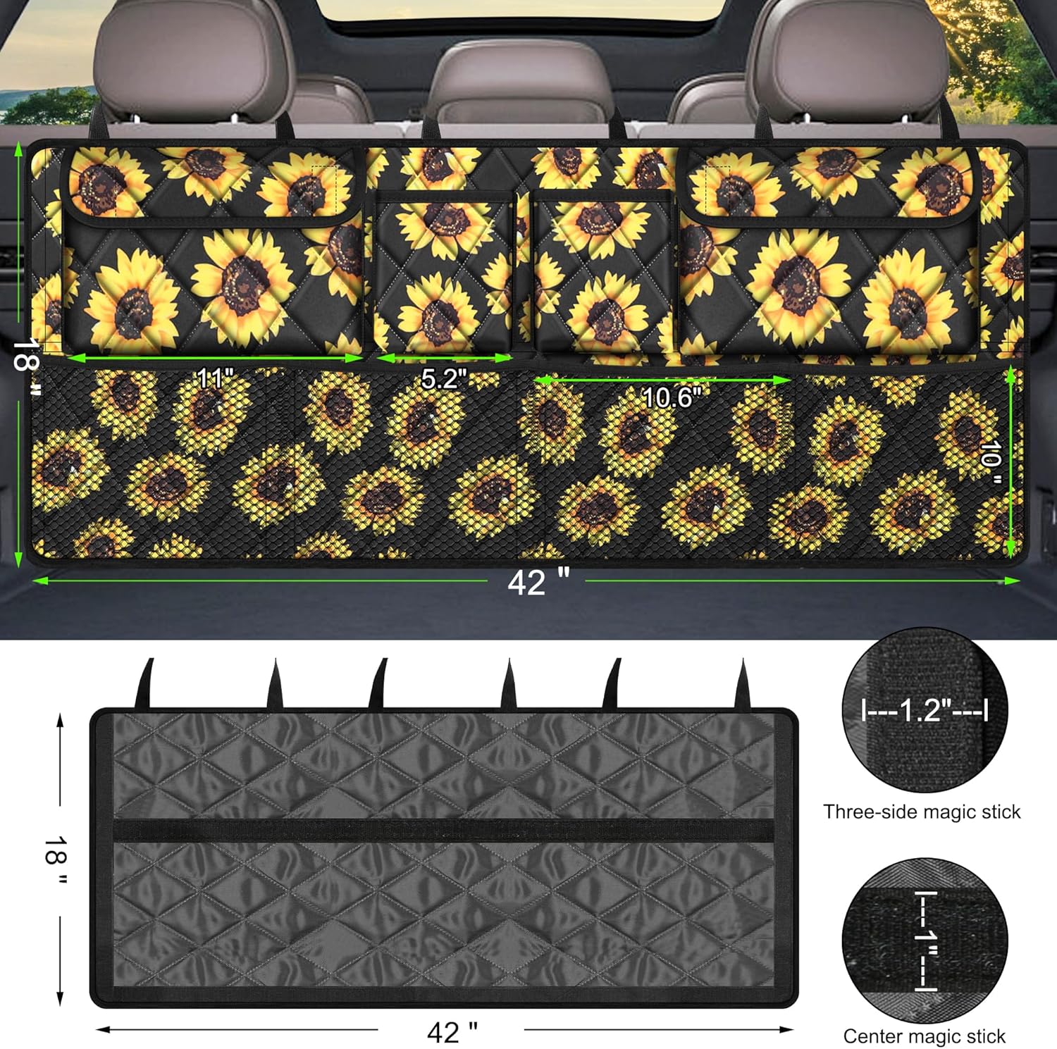Femuar Car Trunk Organizer,Large Capacity Backseat Organizer(42 in*18 in),Collapsible Storage Bag with 8 Pocekt,Car Organizer for SUV/MPV/Truck - Sunflower TLAG-0114