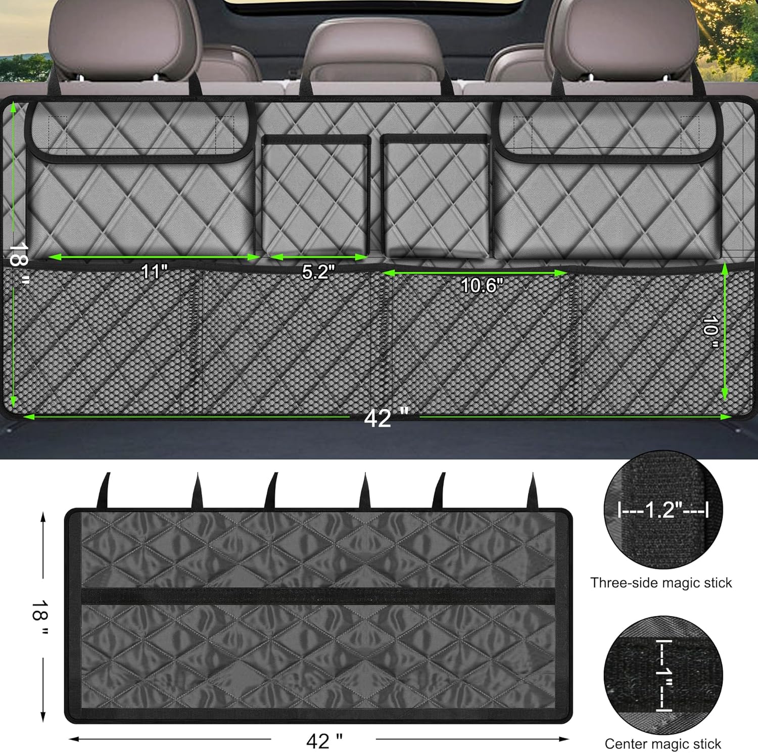 Femuar Car Trunk Organizer, Large Capacity Backseat Trunk Organizer (42"*18"), Collapsible Car Storage Bag with 8 Pockets, SUV/MPV/Truck - Grey