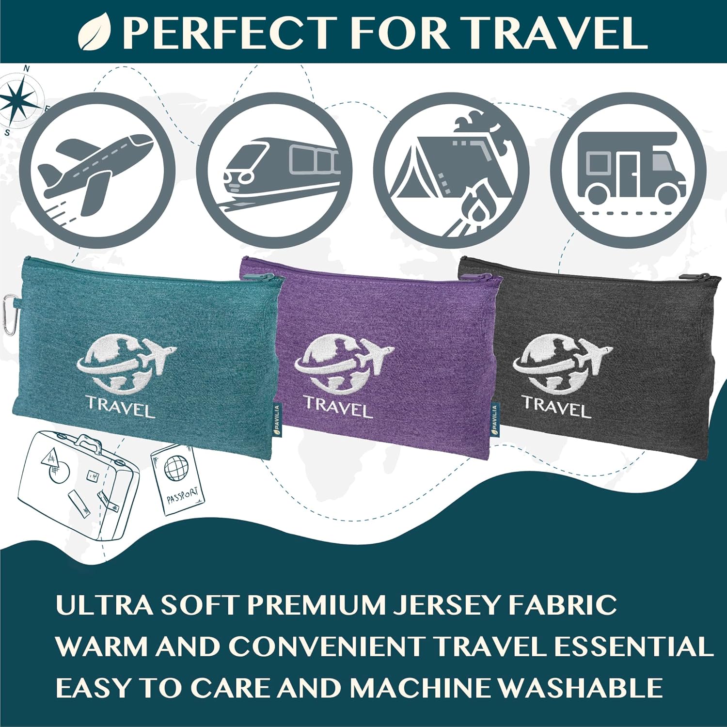 PAVILIA Travel Blanket Airplane Compact with Bag, Small Travel Pillow Blanket Long Flights, Lightweight Plane Blanket with Luggage Strap, Camping Blanket for Traveler Essentials, Teal Blue, 65x40