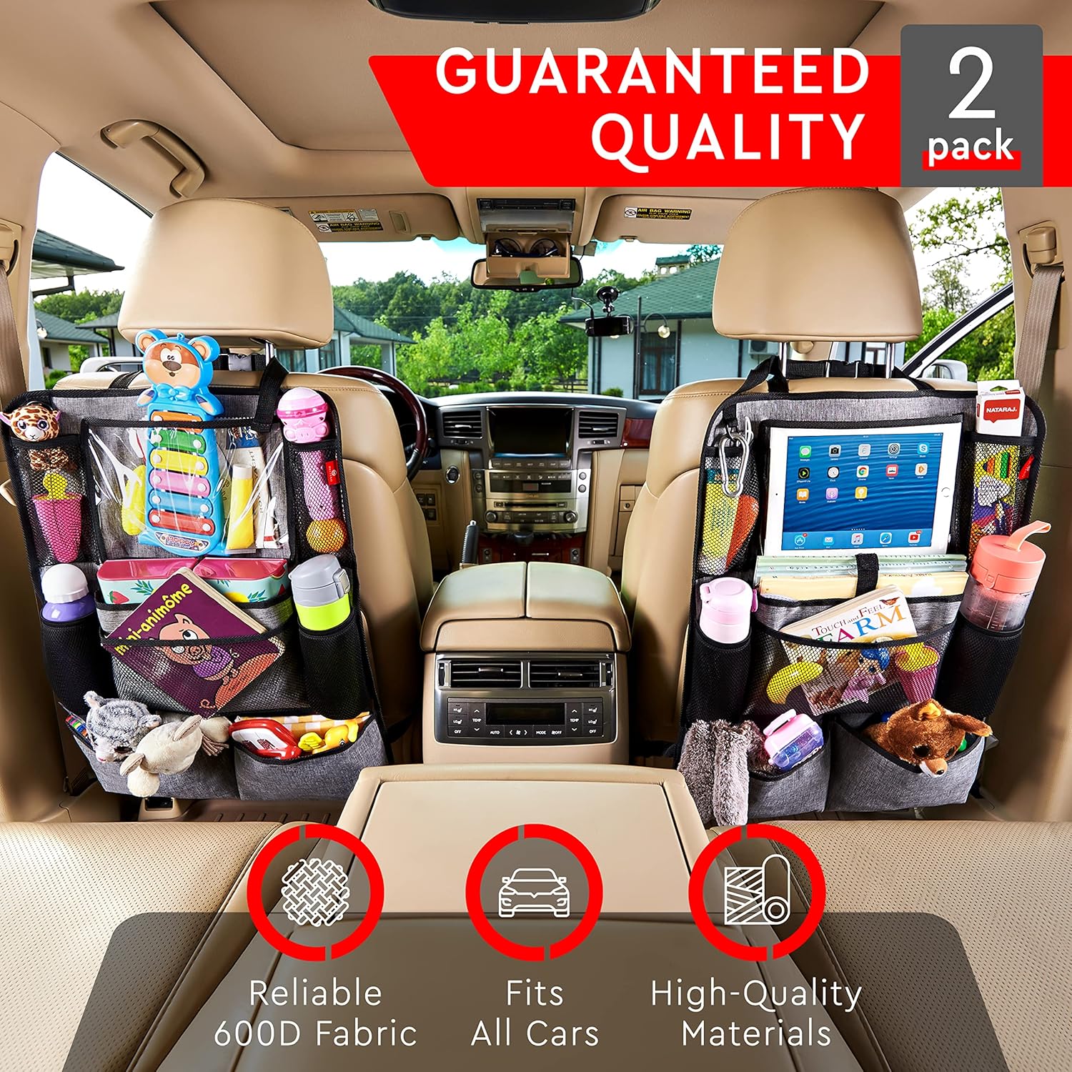 Helteko Backseat Car Organizer, Kick Mats Back Seat Protector with Touch Screen Tablet Holder, Organizer for Kids, Travel Accessories, Mat 9 Storage Pockets 2 Pack