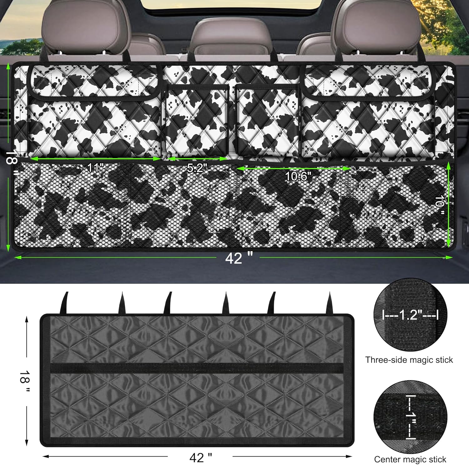 Femuar Car Trunk Organizer,Large Capacity Backseat Trunk Organizer(42"*18"),Collapsible Car Storage Bag with 8 Pocekt,SUV/MPV/Truck - Cow print