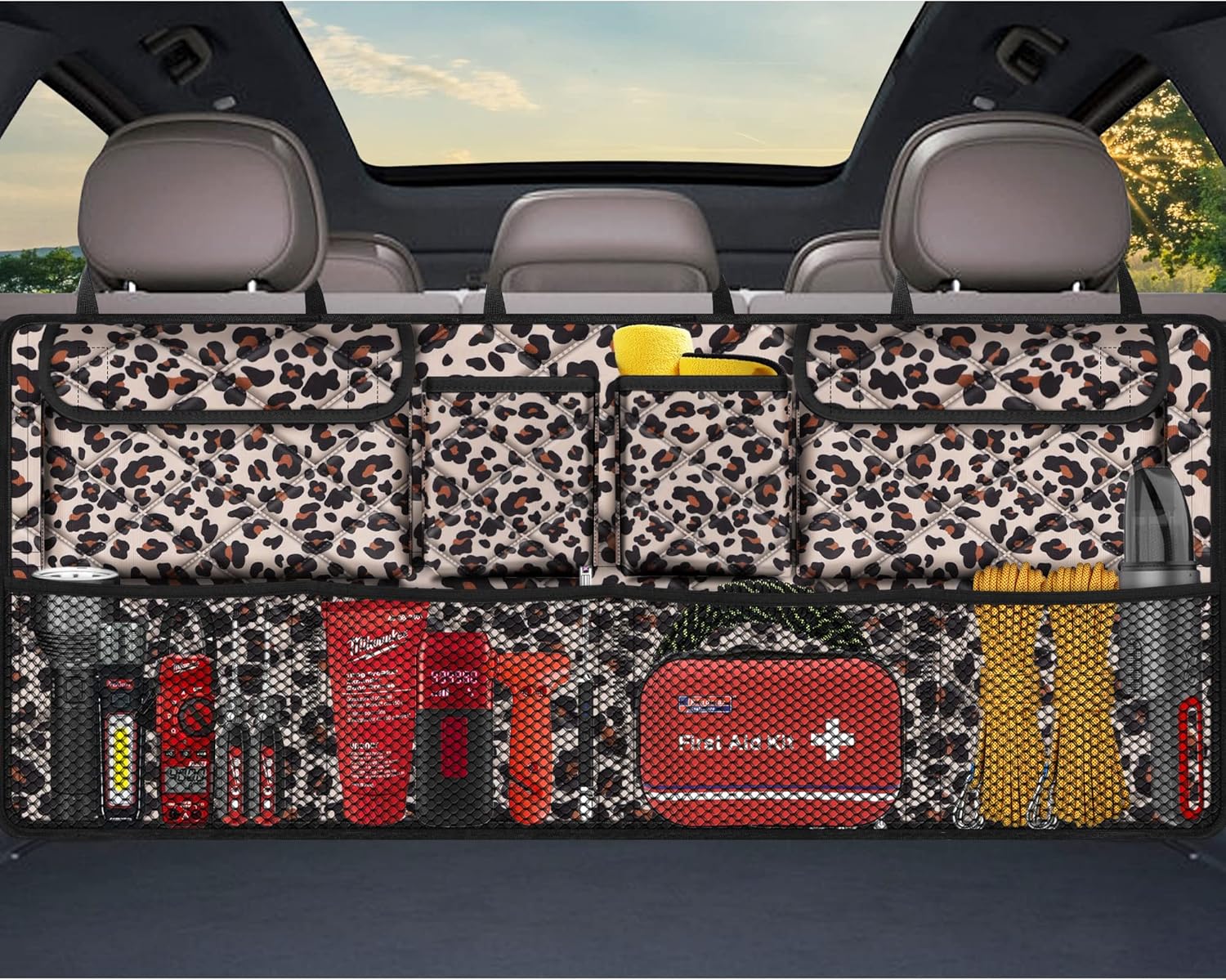 Car Trunk Organizer,Large Capacity Backseat Trunk Organizer(42"*18"),Collapsible Car Storage Bag with 8 Pocekt,Car Organizer for SUV/MPV/Truck - Leopard print