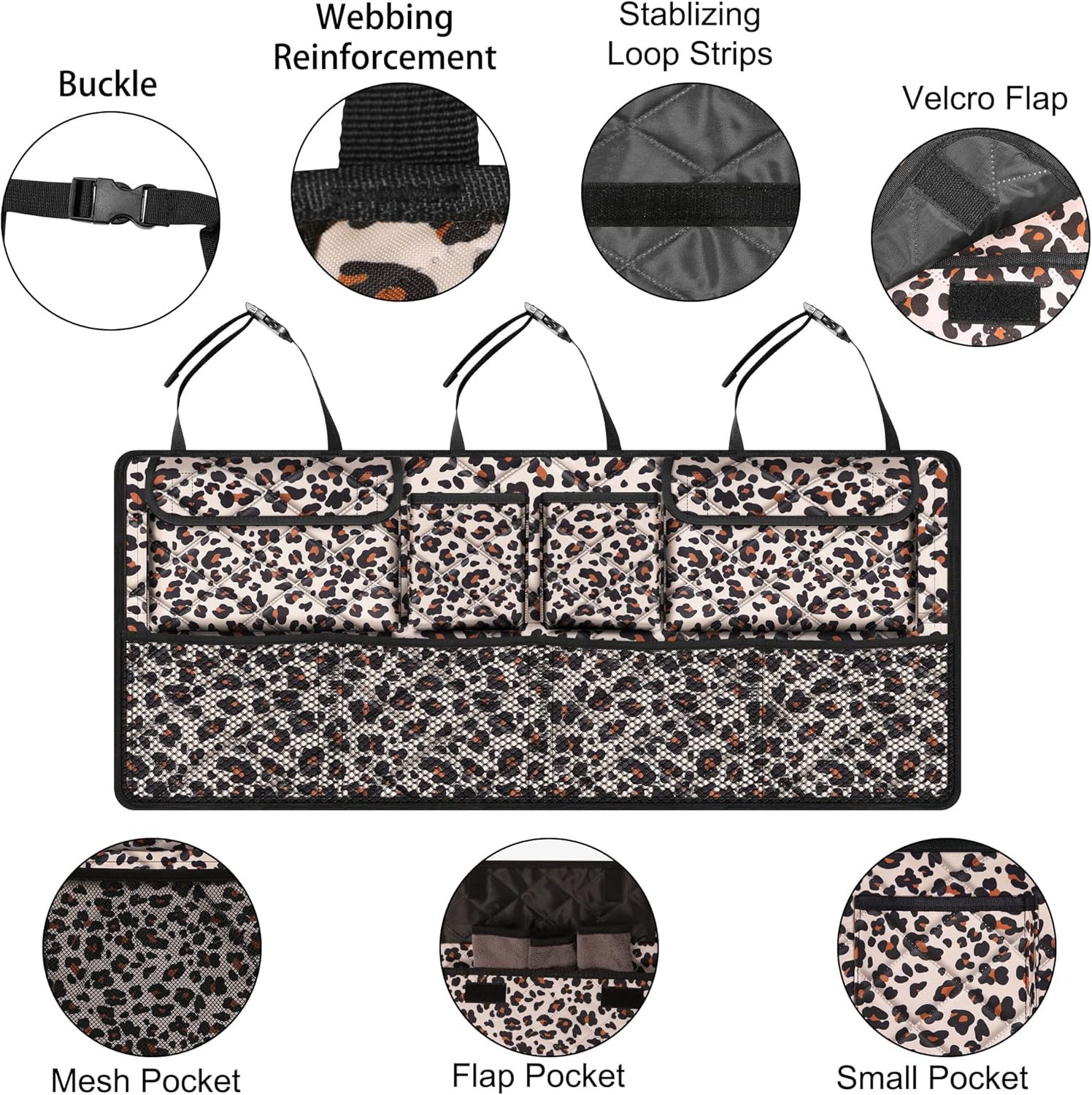 Car Trunk Organizer,Large Capacity Backseat Trunk Organizer(42"*18"),Collapsible Car Storage Bag with 8 Pocekt,Car Organizer for SUV/MPV/Truck - Leopard print