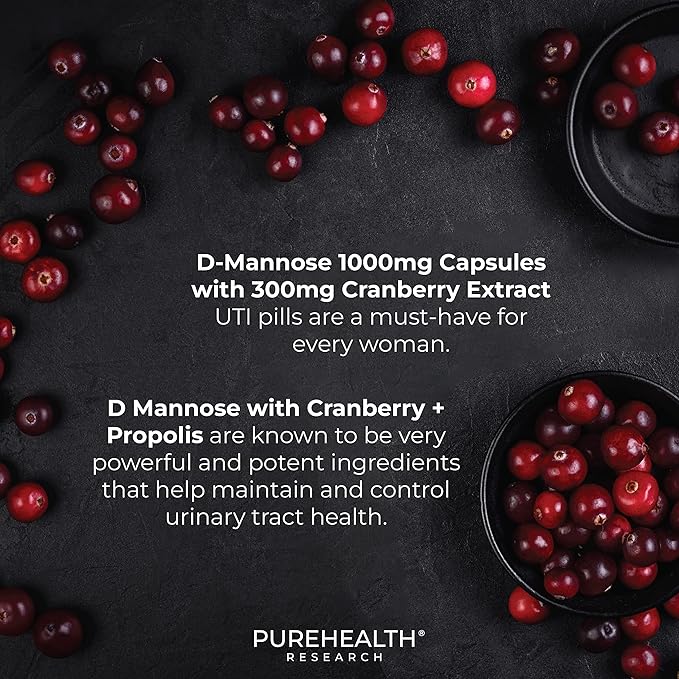 PUREHEALTH RESEARCH UTIFIX D Mannose with Cranberry Long-Term Supplement - D-Mannose for UTI 1000mg Capsules + 300mg Cranberry Extract + Propolis for Urinary Tract Health for Women and Men, 60 Count