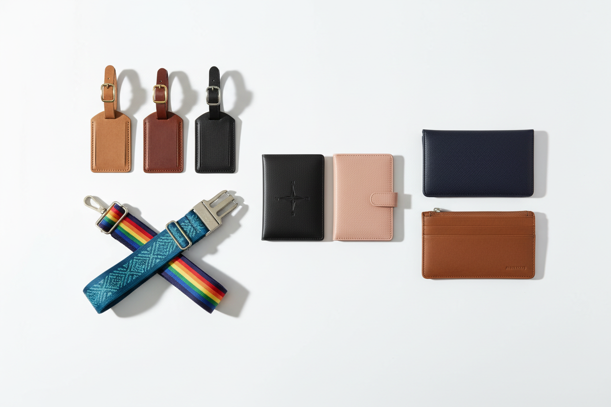 Luggage tags, straps, passport holders, and travel wallets (make it real photo)